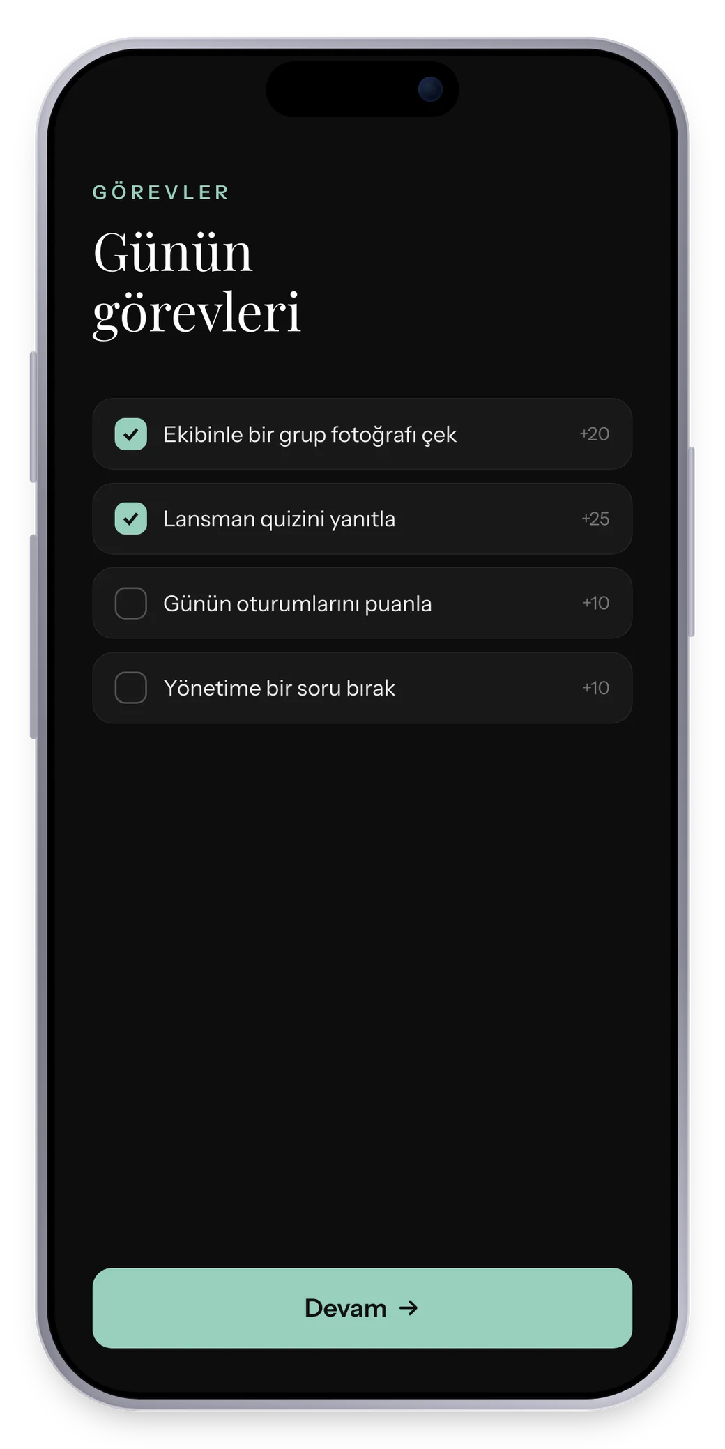 Katılımcı görev listesi: ekiple grup fotoğrafı, lansman quizi, oturum puanlaması ve yönetime soru bırakma